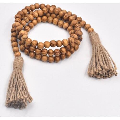 162cm Wood Bead Garland Natural Prayer Wood String Beads Wall Hanging for Farmhouse Country Beads Decor with Tassels