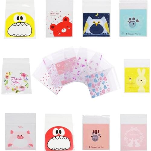 50pcs 7/10cm Gift Bags Cute Heart Cartoon Cookies Candy Packaging Self-Adhesive Plastic Bag For Wedding Birthday Party Supplies