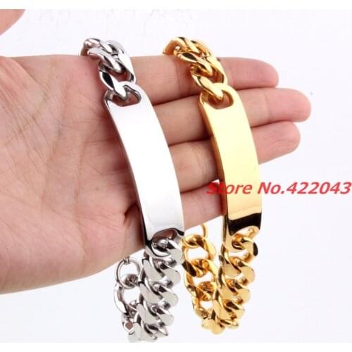 9" 15mm Smooth Cut Curb Cuban Link Chain 316L Stainless Steel ID Bangle Bracelet Mens Boys Chain Jewelry Silver Gold Color