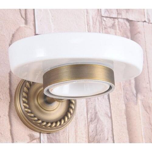 Bathroom Accessory Vintage Retro Antique Brass Carved Pattern Base Ceramic Dish Wall Mounted Bathroom Soap Dish Holder mba260