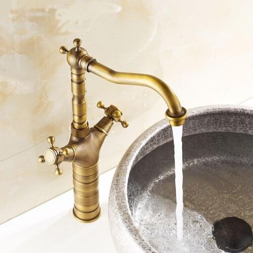 Antique copper brass rotated sink basin faucet mixer water tap, Retro short or long bathroom wash basin faucet hot and cold