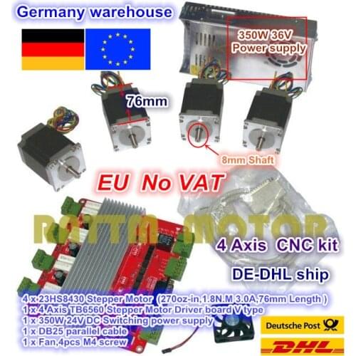 EU.DE free 4 Axis CNC controller kit 4pcs NEMA23 stepper motor 270oz-in 3A & 4 Axis TB6560 Driver board & 350W 24V power supply