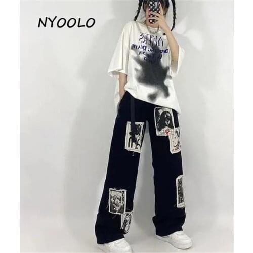 NYOOLO Vintage Streetwear Funny Graffiti Print Patchwork High Waist Y2k Baggy Jeans Women Clothes Casual Hip Hop Punk Black Wear