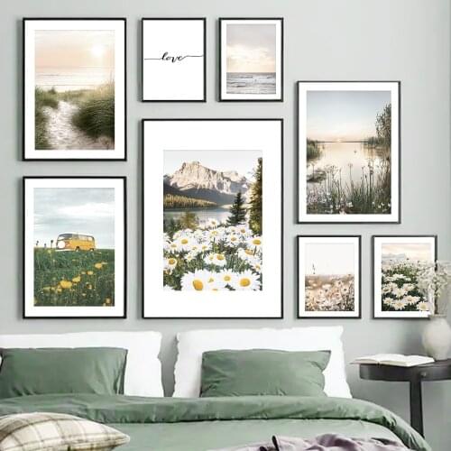 Sun Daisy Flower Grass Lake Wave Bus Path Wall Art Canvas Painting Nordic Posters And Prints Wall Pictures For Living Room Decor