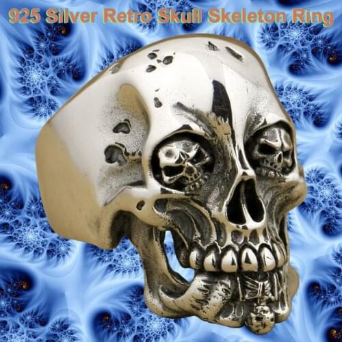 Solid 925 Sterling Silver Knights High Details Skull Ring Punk Rock Retro Fashion Mens Devil Skull Ring TA76 US Size 7~15