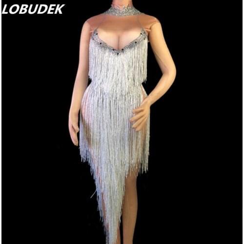 Fashion Nightclub Women Singer Dance Costume Sparkly Rhinestones Long Tassels Dress Bar Sexy Jazz Lain Performance Stage Outfits