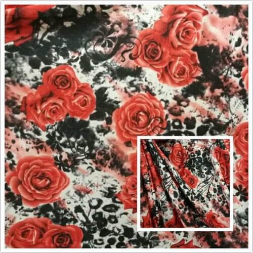 Milk silk with big elasticity black background rose contrast printed cloth fabric for sewing dress swim wear 1Meter