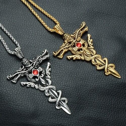 Beichong Gold Color Double Dragon Sword Men Necklace Stainless Steel Pendants Necklaces Jewelry for Gift