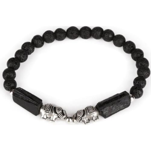 Double Elephant Charm Natural Rough Black Tourmaline Healing Calm Stone Bead with 6mm Rock Lava Energy Bracelets For Man Women