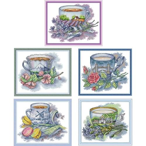 Joy Sunday Teacup Series Stamped Cross Stitch Kits Canvas Aida 14ct 11ct DMC Embroidery Fabric for Cross Stitch DIY Needlework