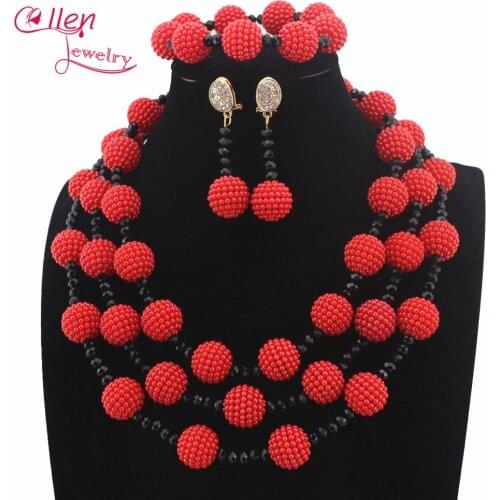 Nigerian 3 Layer Orange Plastic Pearl Ball Neclaces Women Jewelry African Wedding Beads Jewelry Set Free Shipping W13701