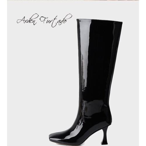 NEW Arden Furtado 2021 Fashion Womens Shoes Square Head Stilettos Heels Slip-on Burgundy Elegant Boots Knee High Boots