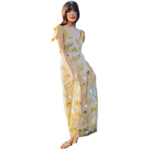 Summer Women Dress Lazy Wind Waist Pleated Cream A Beach Style Sexy Camisole Vestido De Mujer Ankle-Length Female Dresses