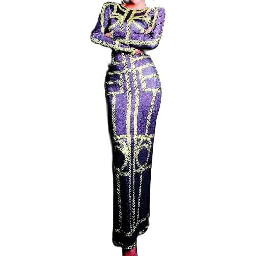 Striped Pattern Printing Ankle-Length Dress Fluorescence Rhinestones Split Fork Dress Nightclub Dance Show Stage Wear Women