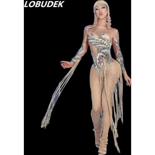 Sexy Nude Color Stretch Bodysuit Gold Tassel Crystal Tights Female Singer Nightclub Costume Bar DJ Jazz Dance Leotard Stage Wear