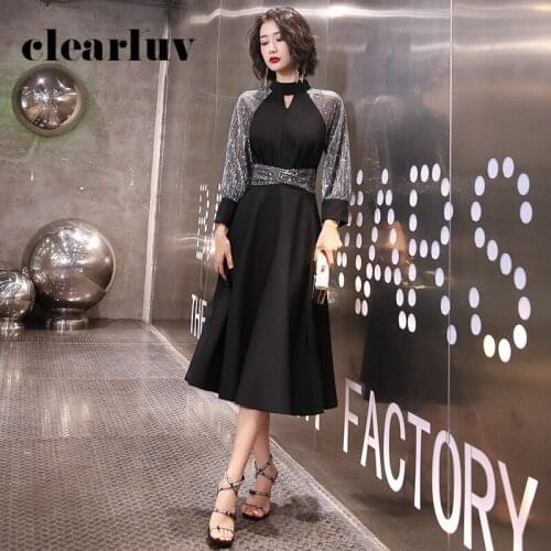 Sparkling Sequin Party Dresses DR318 Long Sleeve Elegant Prom Dress Black A-Line Vestido De Fiesta High Collar Formal Gowns