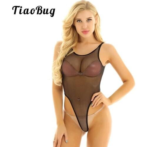 TiaoBug Women Fishnet See Through Sheer Mesh Lingerie Sleeveless Stretchy Transparent Porno Thong Bodystocking Hot Sexy Bodysuit