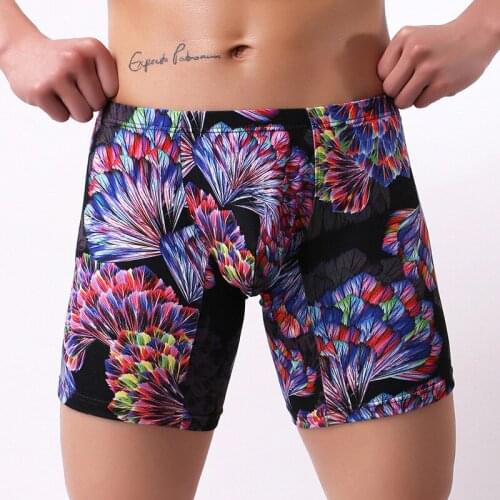 Printed Briefs Sexy Mens Underwear Fantasy Ice Silk Smooth U Convex Pouch Half-length Boxers Long Leg Underpants Boxer Gay Wear