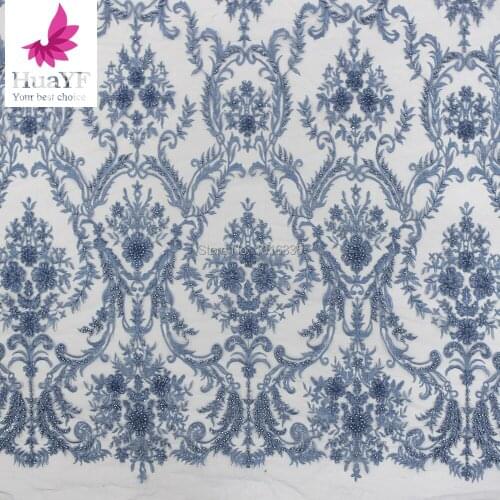 Heavy Net France Lace Fabric Luxury Handmade Wedding Dress Latest Nigeria Cotton Embroidery blue Good Price With Stones New