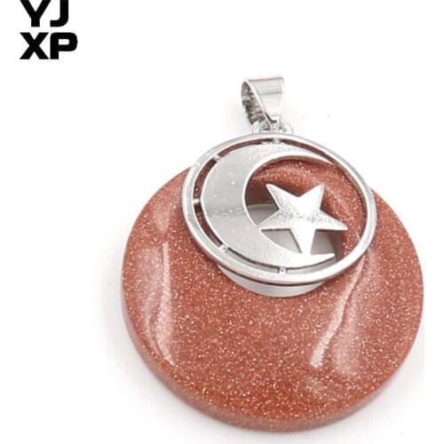 YJXP Silver Plated Round Hollow with Star Golden Sand Stone Pendant Half Moon Vintage Jewelry