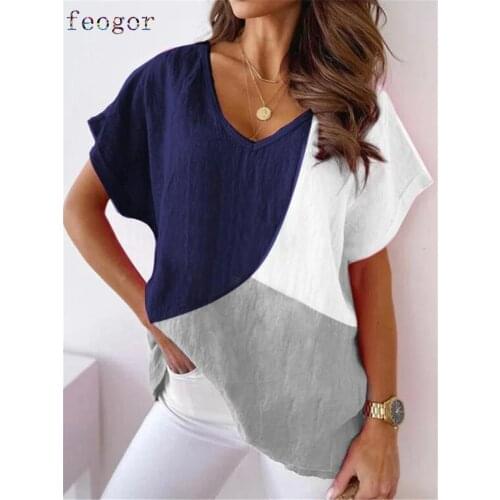 FEOGOR T-shirt women Plus size top 2021 summer new hit color cotton and linen short-sleeved V-neck shirt T-shirt women Loose top