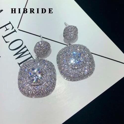 HIBRIDE Fashion Rectangle Shape CZ Drop Earrings Women Wedding Party Jewelry Dangle Earrings Brincos Bijoux Wholesale E-880