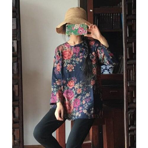 Women Retro Loose Cotton Shirts Ladies Casual Vitnage Printed Floral Blouse Female 2018 Autumn Floral Print Shirt Tops