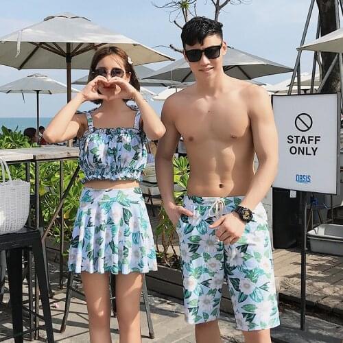 2021 Summer New Couple Swimsuit Sweet Floral Print Skirt 2 Piece Set Swimwear Women Hot Spring Sexy Beach Wear Men Swim Shorts