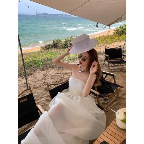 Seaside holiday one line shoulder wrapped dress womens summer high waist bra skirt show thin shaggy princess Dress 0409