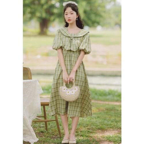 Preppy Style Dress Women 2021 Summer Navy Collar Puff Sleeve Bandage lattice Cute Student Dress