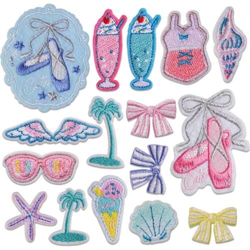 100pcs/lot Fashion Embroidery Patch Shoes Drinks Swimwear Conch Glasses Shells Starfish Bow Coconut Clothing Decoration Diy