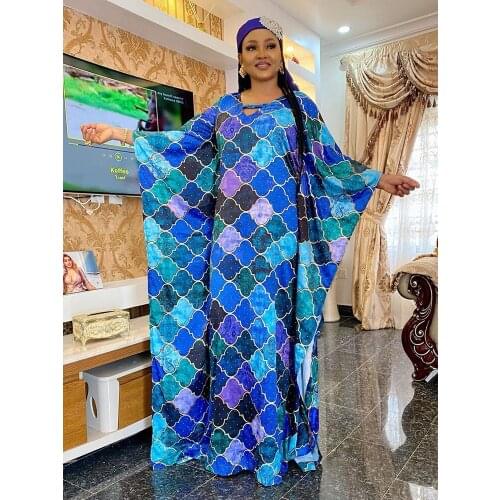 Blue Color African Dresses Women O Neck Muslim Robe Batwing Sleeve Diamonds Silk Africa Clothes Abaya Dress