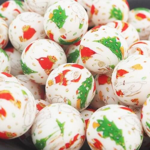 Chenkai 10PCS 15mm Silicone Christmas print Beads Baby Round Shaped Beads Teething BPA Free DIY Sensory Chewing Toy Accessories