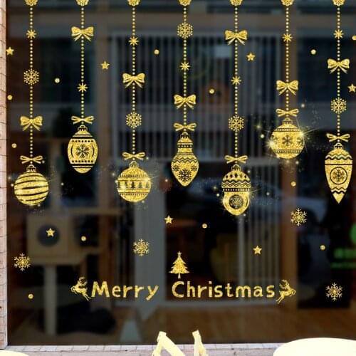 Hanging Golden Christmas Balls Decoration Window Glass Stickers Home Decor Self Adhesive PVC Murals