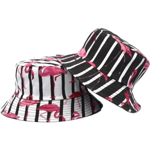 New Street Flamingo Printed Double-sided Bucket Hat Outdoor Fashion Panama Fisherman Caps for Both Men and Women Harajuku F67