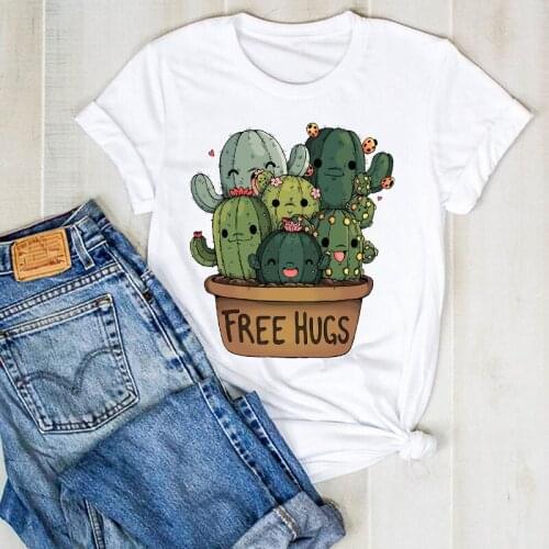 Women Lady Summer Cactus Free Hug Cartoon Print Ladies T Tee Tshirt Womens Female Top Shirt Clothes Graphic Clothing T-shirt