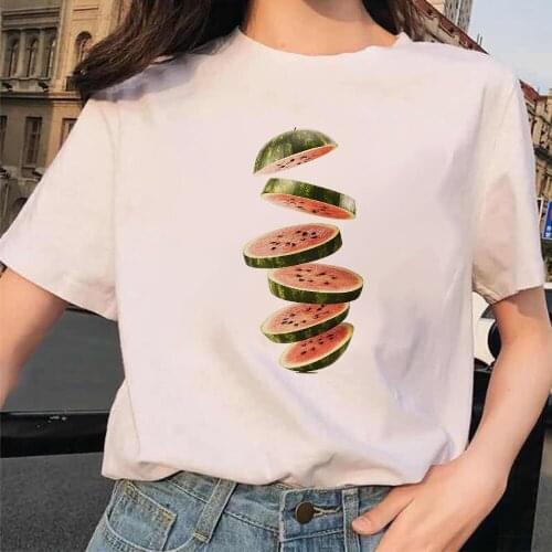 Cute Watermelon Slices Printed T Shirt Womens Loose White Cartoon Tops Under Tshirt Trenty Art Casual Soft Gril Mujer Clothes