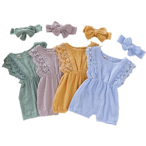 Summer Baby Girl Rompers Newborn Baby Clothes Toddler Flare Sleeve Solid Lace Design Romper Jumpsuit With Headband