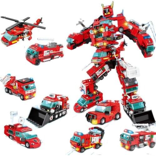 8 in 1 Transformation Fire Robot Mecha Building Block 8 Firefighter Figures Trucks Car Helicopter Boat Bricks Toys For Children