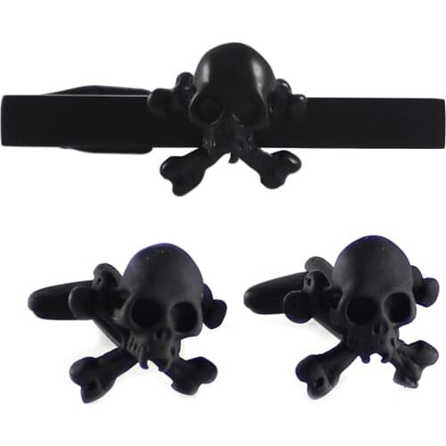 Matte Black Skull Cuff Links And Tie Clip Set Skull And Cross Bones Cuff Links And Tie Bar Set Birthday Halloween Holiday Gifts