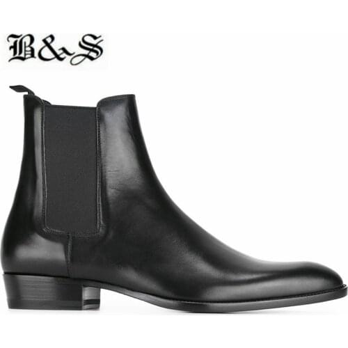 Black& Street Men black cow leather New Wedge Chelsea Boots 3cm Heel Comfortable pointed toe handmade dress shoes