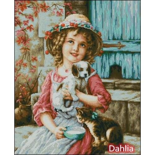 Best of Friends Girl Hugging Cat dog Cross Stitch Kit Crafts Top Quality Embroidery Needlework DIY 14CT Unprinted Decor Handmade