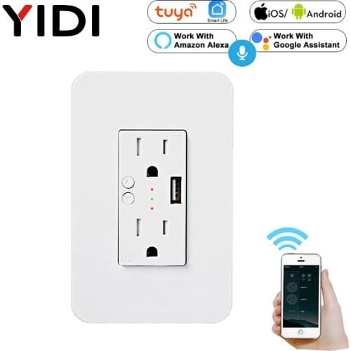 Wifi Smart Wall Power Outlets Plug with 2 USB Socket Smart Life/Tuya APP Remote Control Anywhere Work with Alexa Google Home