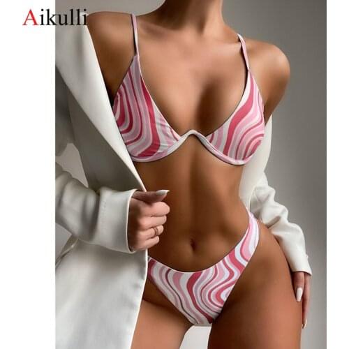 New Sexy Striped V-Bra Underwired Bikini Swimsuit Women Push Up Bikini Set 2021 Summer Swimwear V Shape Wire Bather Bathing Suit