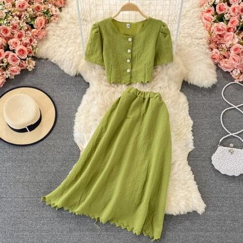 Single Breasted Short Sleeve Top And High Waist Skirt Fashion Ladies Solid Causal Two Piece Set New 2021 Summer Female Outfits