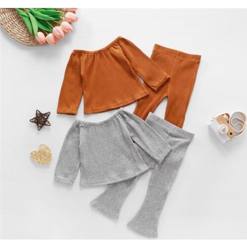 Baby Girl Autumn Clothing Sets Rib Kniited Top + Flare Pants 6M-4Y Infant Toddler Kids Casual Solid Cotton Rib Knitted Outfit