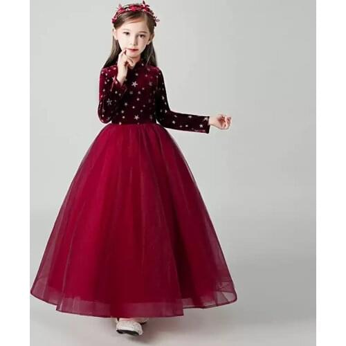 Flower Girl Dresses Illusion High Full Embroidery Princess Floor-Length Tulle Lace Luxury Burgundy Elegant Kids Party Gown H478