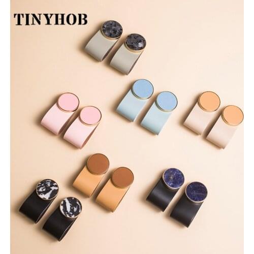Natural stone + leather Knob Handle Simple Brass Cabinet Handles Nordic Drawer Pulls Furniture Handles Kitchen Cabinet Handles