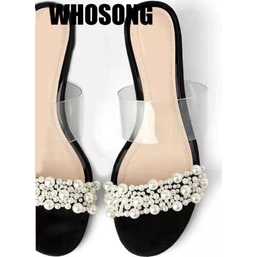 New Summer Women Slippers Girls Pearl Slides Woman Outside Flip Flops Shoes Ladies Soft Square Heels Female Black Brand Slides
