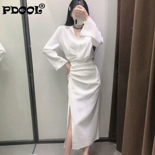 Skirt Female 2021 Summer Fashion Ladies Draped White Straight Retro Elegant Chic Skirt Sexy Hem Slit Work